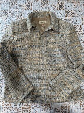 Trousers Etc New York 100% Silk Plaid Zip Jacket Women’s Size 8 Beige Blue